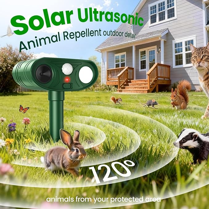 2026 Upgraded Solar Ultrasonic Animal Repellent Outdoor Deer Cat Repellent with Motion Sensor Flash Light,IP65 Waterproof Repeller Keep Rodent Squirrel Raccoon Opossum Skunk Out of Yard Farm (2)