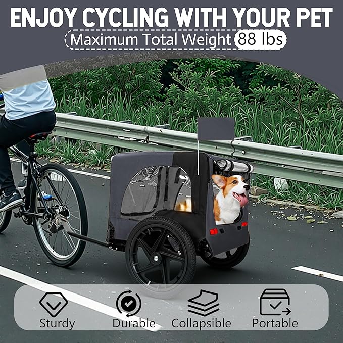 Heavy-Duty Dog Bike Trailer & Collapsible Pet Carrier for Bike with 16-Inch All-Terrain Wheels, Universal Hitch, Safety Flag & Weather-Resistant Design for Outdoor Adventures