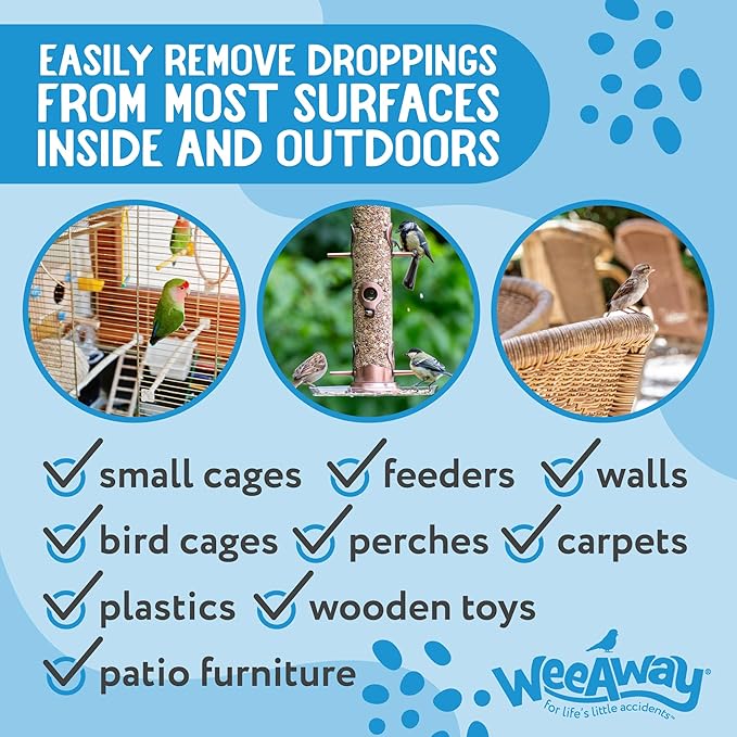 Wee Away Bird Cage Cleaner for Small Cages, Droppings Remover, Enzyme Cleaning Spray for Perches, Feeders, and Walls, Unscented, 16 fl oz