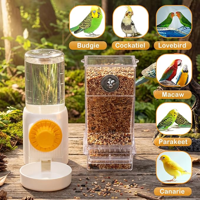 4 Pcs No Mess Small Bird Feeder Parakeet Water Dispenser Set Automatic Clear Parakeet Feeder Acrylic Watered Cage Accessories for Canary Budgie Lovebirds Finches(White)