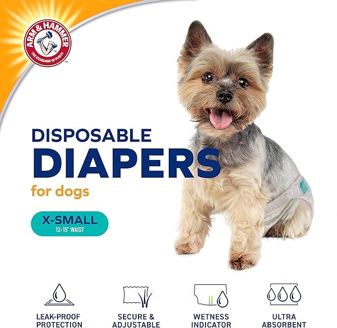 Arm & Hammer For Pets for Pets Female Dog Diapers, Size X-Small | Ultra-Absorbent, Adjustable Girl Dog Diapers with Leak-Proof Protection and Wetness Indicator (Pack of 1,12 Count Total)