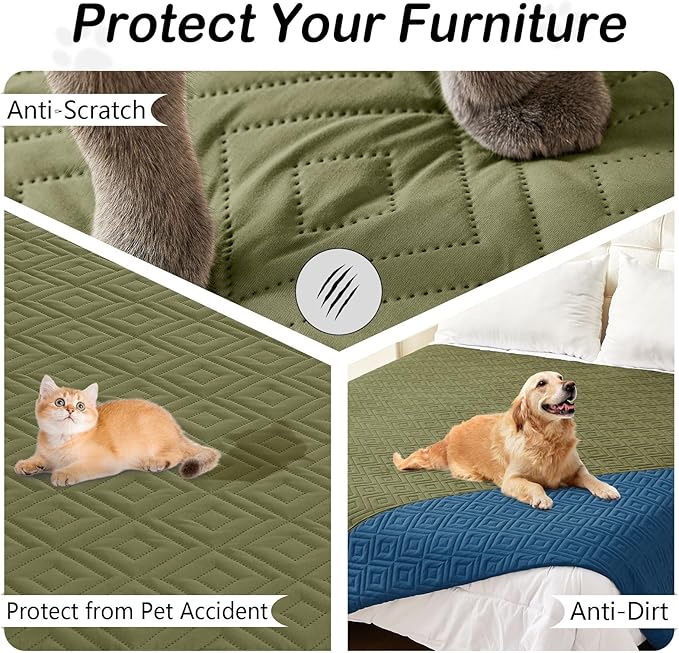 hyha Waterproof Dog Blanket, Soft Pet Bed Blankets, Waterproof Sofa Couch Cover for Dogs Washable, Reversible Pet Couch Covers for Sofa Furniture (30x70 Inch, Green/Navy Blue)