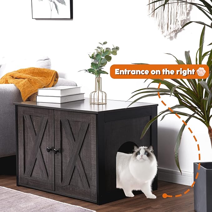Dwanton Litter Box Enclosure, Cat Litter Box Furniture Hidden, Reversible Entrance Can Be on Left or Right Side, Wooden Cat Washroom Indoor, Dark Gray, 27.6 Inches