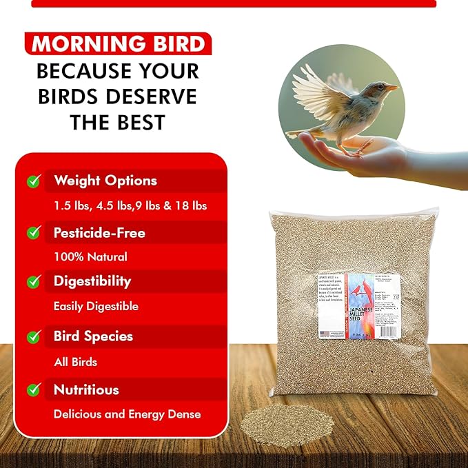 Morning Bird Japanese Millet Seed Bag 9 lbs - Healthy & Nutritious Pet Bird Food to Support Health & Immunity - Delicious Unique and Natural Flavor – Ideal Bird Feed for All Seed Eating Birds
