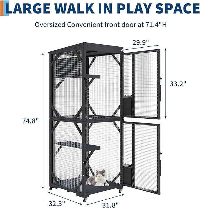 Outdoor Cats House with 4 Wheels, Walk-in Cat Cage, Catio Outdoor Enclosure Extra Large