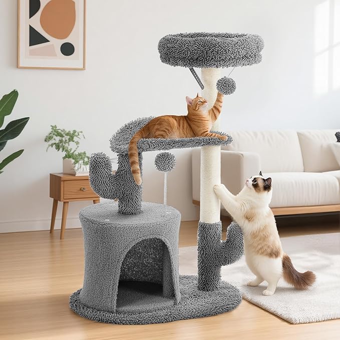 Sweetcrispy 33" Cat Tree Tower for Indoor Cats, Small Cat Scratching Post with Curved Bed, Cat Tree with Cat Condo for Adult, Grey
