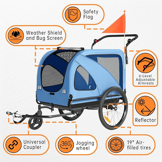 Sepnine Dog Bike Trailer, Supports up to 110 lbs, 2-in-1 Pet Stroller Cart Bicycle Carrier, Easy Folding Cart Frame with Quick Release Wheels, Universal Bicycle Coupler, Non-Slip Floor, Internal Leash