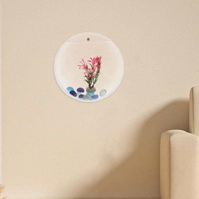 GANAZONO Wall Mounted Acrylic Fish Tank and Planter Bowl 9-inch Hanging Aquarium for Betta Fish with Hydroponic Plant Holder, Modern Wall Decor for Home and Office