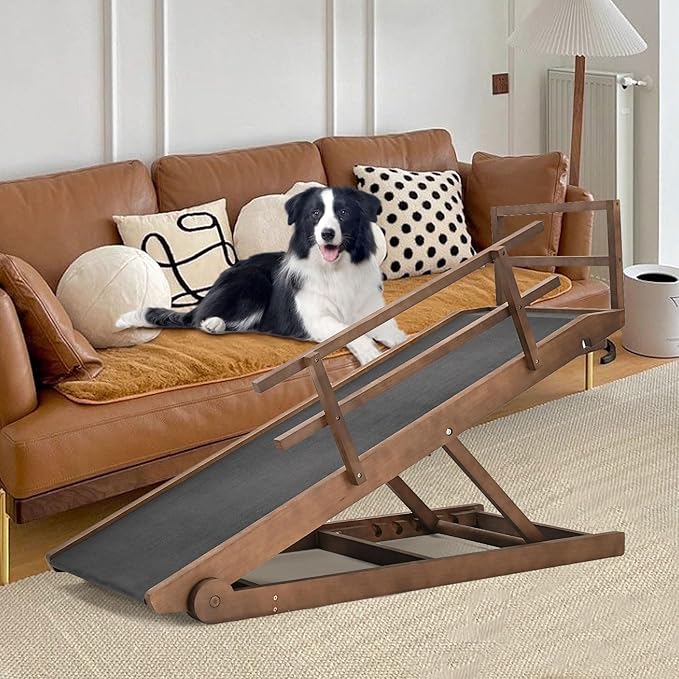 Dog Ramp for Bed, Adjustable Pet Ramps for Dog to Get on Bed, Non-Slip Rubber Surface - Folding Wooden Dog Ramp for Small/Large/Old Dogs, Adjustable up to 27.5 inch High Beds, Safety Railings