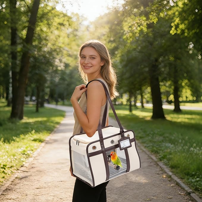 Sanmoncare Stylish Bird Carrier with PU Leather Handle, Portable Parrot Travel Bag for Cockatiels & Conures, Lightweight Bird Cage with Stainless Steel Tray & Side Door for Easy Cleaning, White