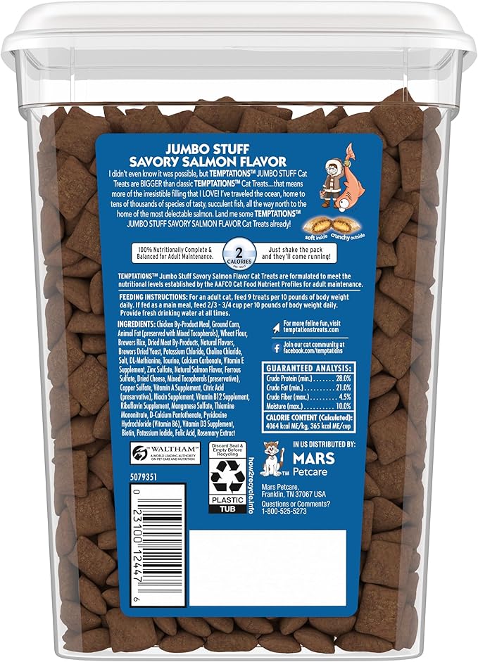 Temptations Jumbo Stuffed Cat Treats, Crunchy and Soft Cat Treats, Savory Salmon Flavor, 14 oz. Tub