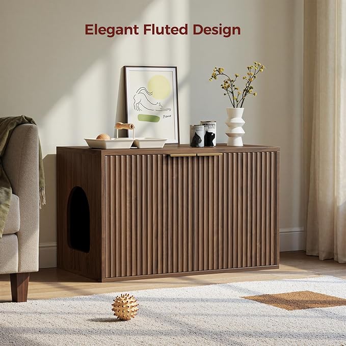 Evermagin 31.5" Walnut Cat Litter Box Enclosure Furniture, Large Hidden Litter Box Cabinet, Mid Century Modern Indoor Cat House Kitty End Table for Living Room, Entryway, Bedroom