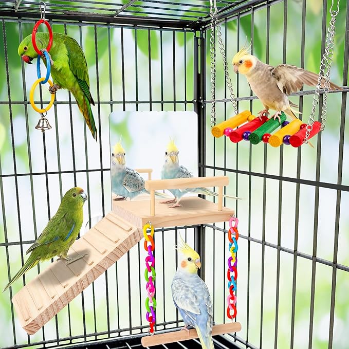 Perch Platform Bird Toys with Bird Mirror Climbing Ladder Swing,Tricolor Ring,Birds Perch Platform Bird Toys,Wooden Bird Cage Accessories,Suitable for Various Parrots and Birds
