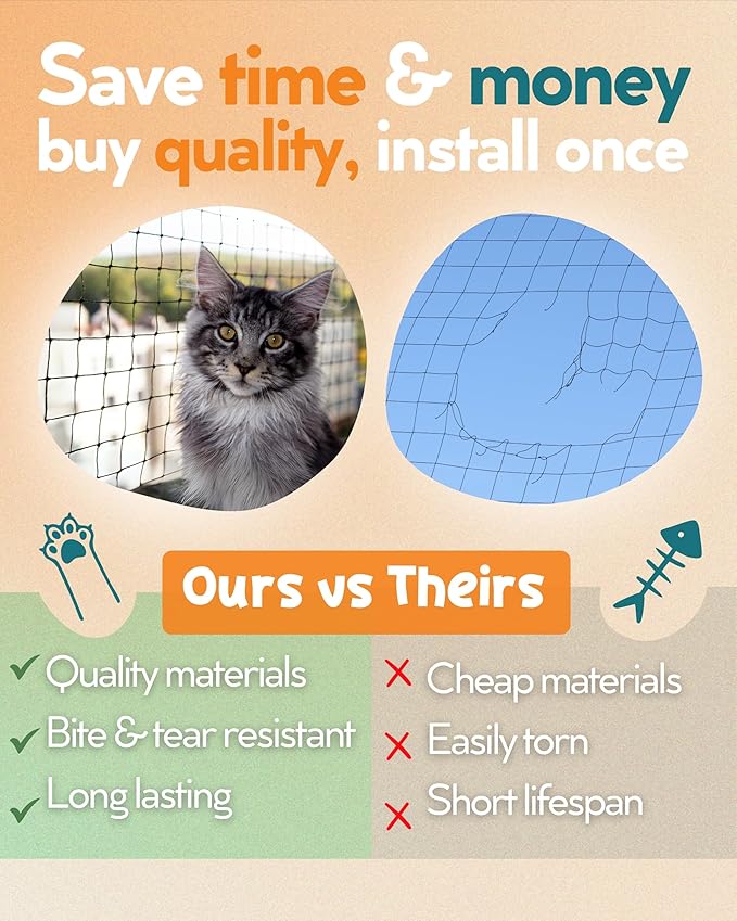 Steel Reinforced Cat Netting for Balcony - 10ft x 20ft - Cat Net for Catio – Safety Netting for Pets - Animal Proof Screen - Strong Pet Net – Kitten Balcony Protection - Barrier for Animals Fence