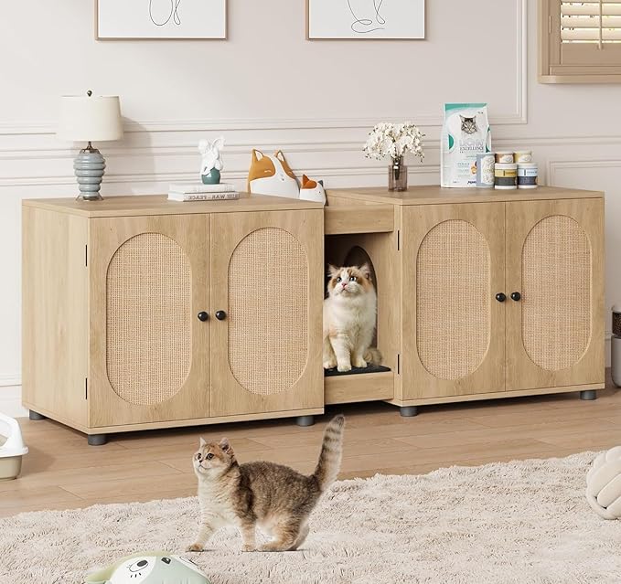 GarveeHome Large Cat Litter Box Enclosure Furniture, 55.1" Double Litter Cabinet for Two Cats with Hidden Design, Rattan Door Cat Box House with Storage, Wood, Rattan Door