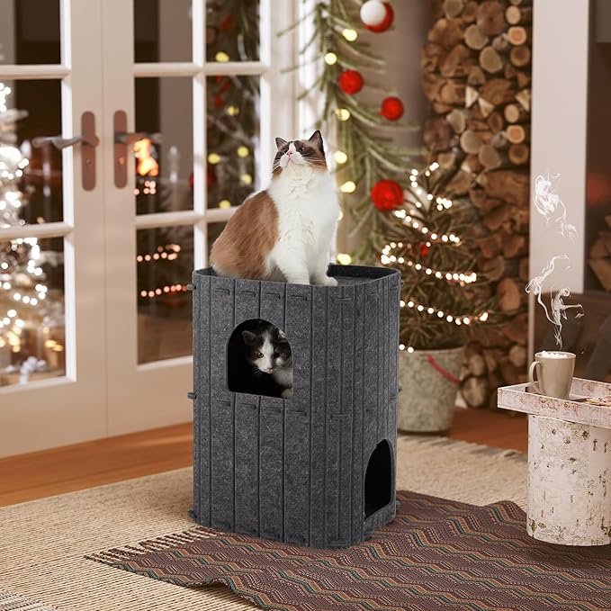 FUKUMARU Cat House for Indoor Cats, 23.62 Inch Large Cat Bed Cave Condo, 2-Storey Cozy Felt Covered Cats Tunnel Kitten Hideaway for Multicats, Scratch Resistant, Dark Grey