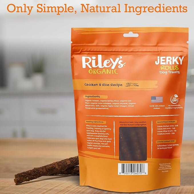 Riley's Rice & Chicken Jerky Dog Treats - Non-GMO, High Protein, All Natural Dog Chews - Training Treats for Small & Large Dogs - Easy to Break into Bite-Sized Pieces - 10oz