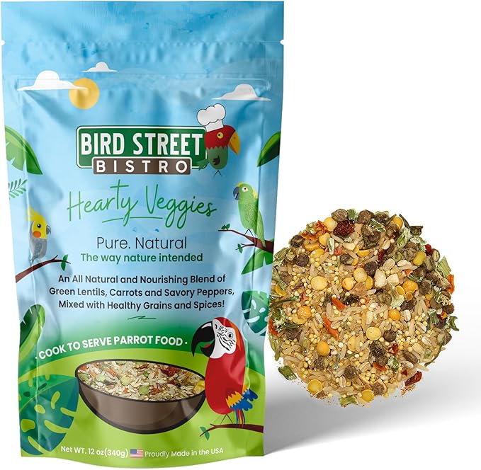 Bird Street Bistro Parrot Food - Parakeet & Cockatiel Food - Cooks in 3-15 min w/Natural Whole Grains, Legumes, Non-GMO Fruits, Vegetables & Health-Oriented Spices