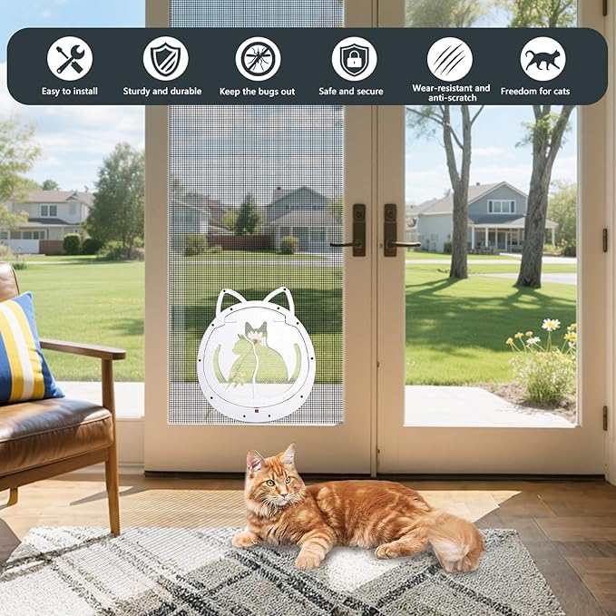 Cat Door for Screen Door, Cat Doors with Lockable Magnetic Flap, Inside Openning 10x10x0.5 inch, Pet Screen Doors Built-in for Puppy, Cats Up to 20 lbs, Equipped with Installation Tools, White