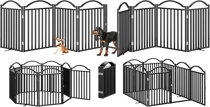 BHG Metal No-Assembly Freestanding Dog Gate with Door Walk Through, Extra Wide 96", Extra Tall 32" Pet Gate, Accordion Puppy Folding Playpen Dog Fence, with 4PCS Support (Black, 8 Panels)