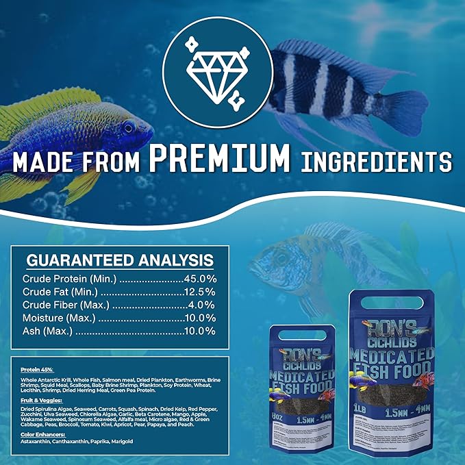 RON'S CICHLIDS Medicated Adult Blend African Cichlid Fish Food, Premium Fish Food Pellets with Protein, Veggies for Healthier, Brighter & Bigger Tropical Fish & Cleaner Tanks, Adult Blend, 1 LB