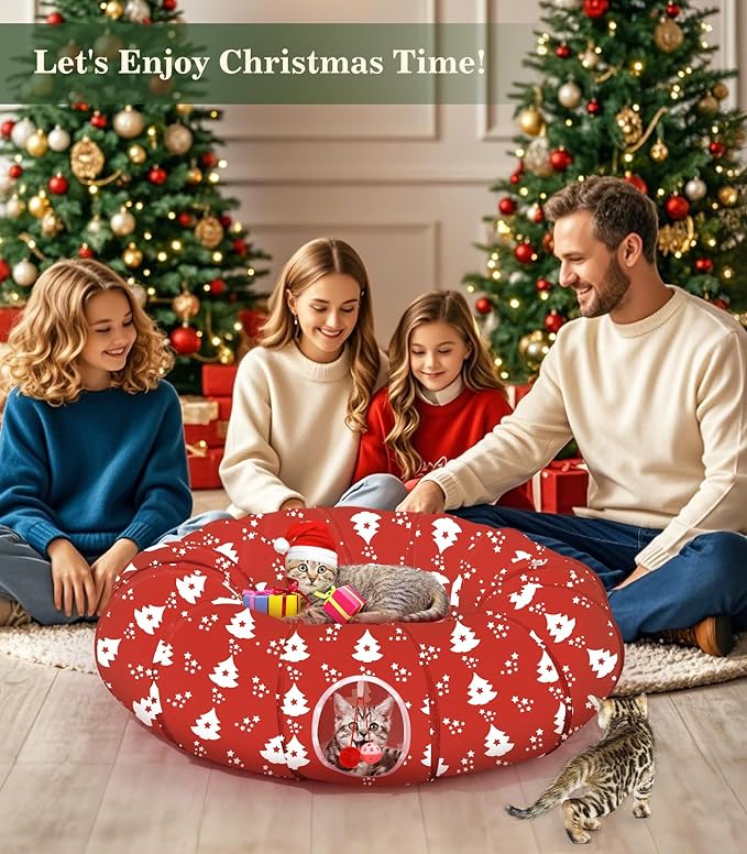 Pawaboo Cat Tunnel Bed Under Christmas Tree, 35.4'' Christmas Cat Toy Circle Tunnel with Ball,Cats Tunnels Christmass Trees Skirt Decorative Festive Foldable Kitty Tube Tunnels for Cats(Red Xmas Tree)