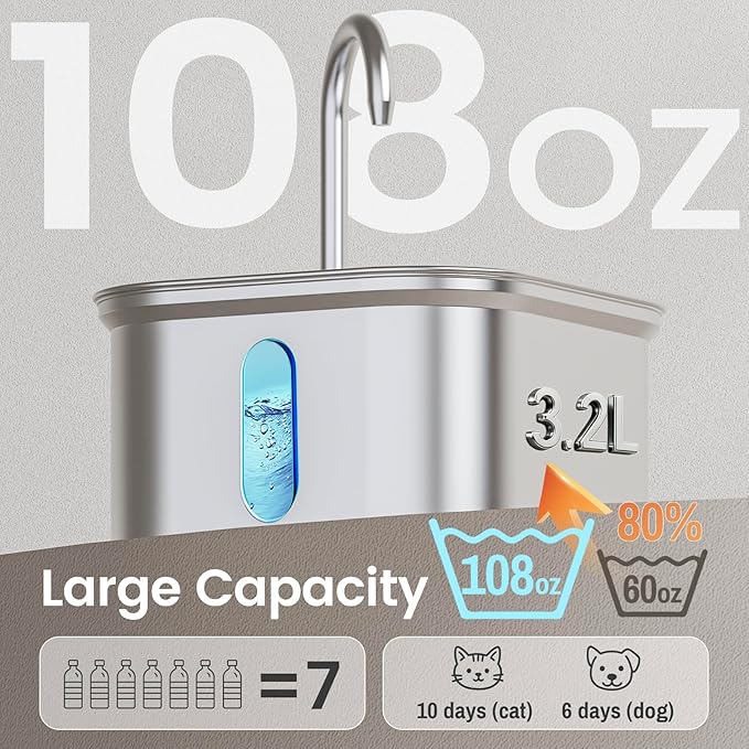 Cat Water Fountain Stainless Steel, 108oz/3.2L Quiet Automatic Cat Fountain for Drinking, Safe Auto Shut-Off, Large Square Pet Water Dispenser for Dogs Indoor with 1 Replacement Filter
