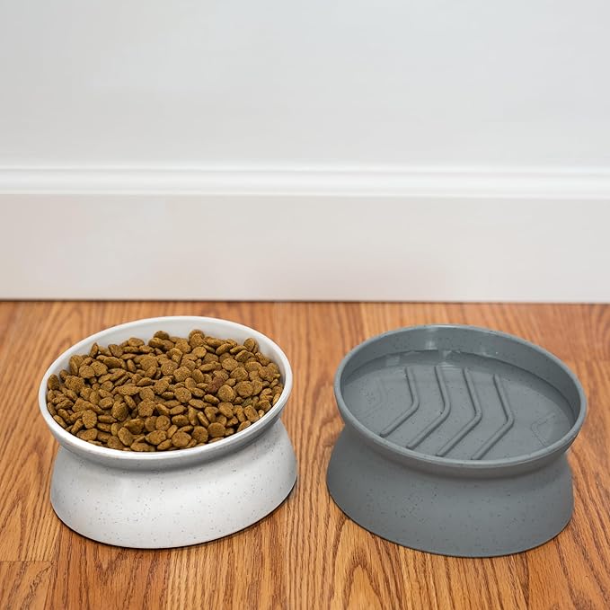 Kitty City Elevated Slow Feeder Cat Bowls (Set of 2), Whisker-Friendly Raised Cat Food Dishes with Ridges, Helps Reduce Fast Eating & Digestion Issues, Dishwasher Safe, 10.8 oz – White & Gray