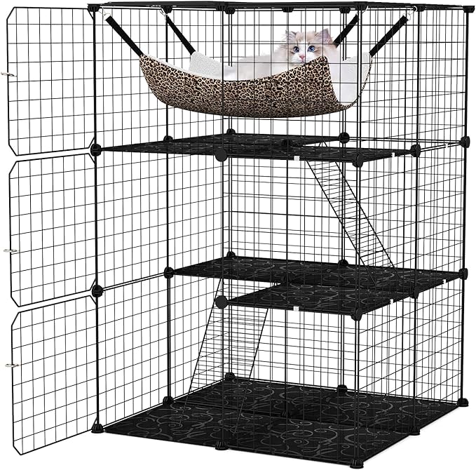 PETSITE 3-Tier Cat Cages Indoor, Metal Wire Cat Enclosure with Extra Large Hammock, 2 Ladders, and 4 Lockable Doors, Detachable Indoor Cat Catio Kennel for 1-3 Cats Kitten, Anti-toppling Kits Included