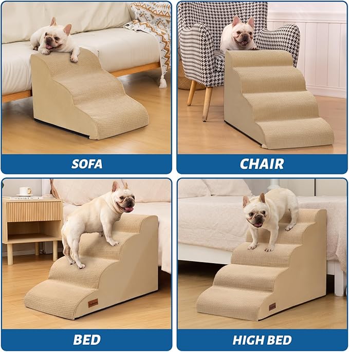 5-Step Dog Stairs and Ramp for High Bed, Non-Slip Sturdy Pet Steps for Small Dogs and Cats,22.2" H,Khaki