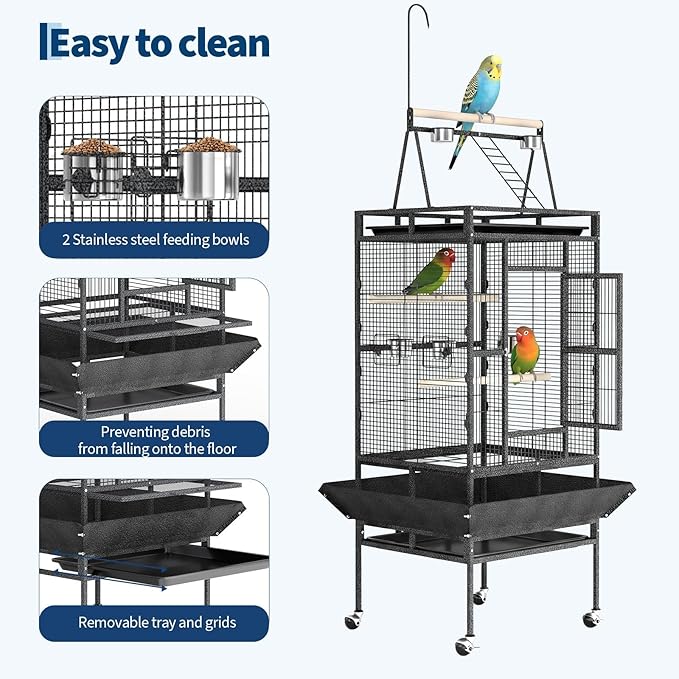 Large 82" Parrot Cage with Wheels, Play Top & Rope Perch - Spacious Flight Bird Cage for Parakeets, Cockatiels, Conures - Powder-Coated Speckled Black