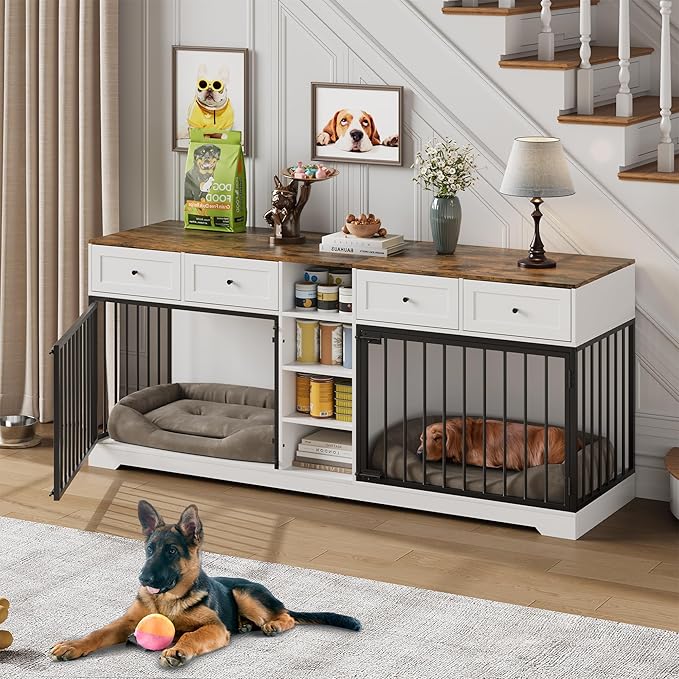 GAOMON Dog Crate Furniture for 2 Dogs, 82'' Large Dog Kennel Indoor with 4 Storage Drawers and 4 Shelves, Double Dog Crate TV Stand for Medium and Large Dogs, White