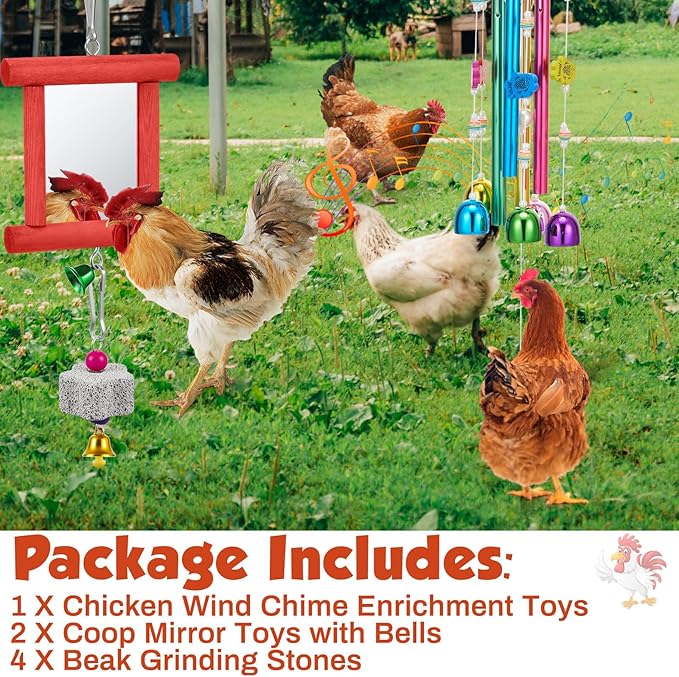 7 Pcs Chicken Toys, Hanging Chicken Wind Chime, 2 Pcs Coop Mirror Toys with Bells 4 Pack Beak Grinding Stones, Musical Coop Accessories for Hen Rooster Chick Poultry Birds(Red, Orange)