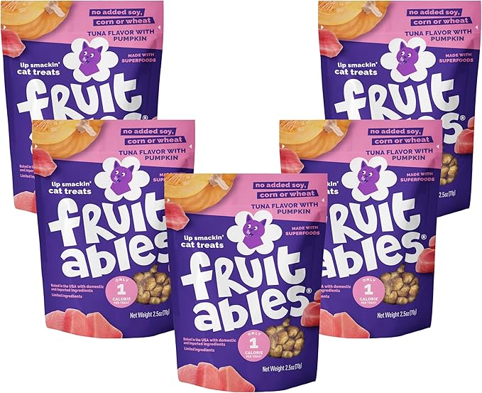 Fruitables Cat Treats - Healthy Low Calorie Crunchy Cat Treats - Packed with Protein, Free of Wheat, Corn and Soy - Made with Real Tuna & Pumpkin - 2.5 oz (5 Pack)