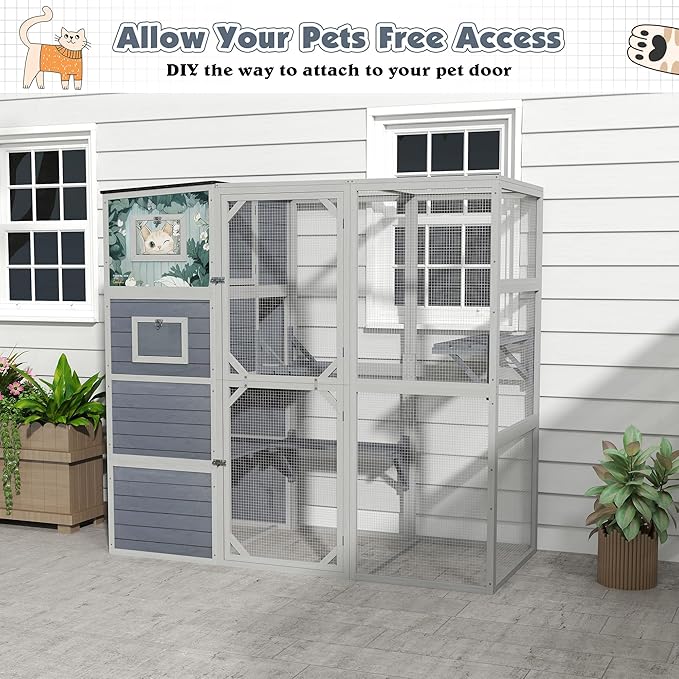 Outdoor Cat Enclosure, 4-Tier Large Cat Catio with Weatherproof Roof, 2 Resting Rooms, 2 Platforms, Walk in Cat Cage Cat House Indoor, Grey, w/Painted Panel