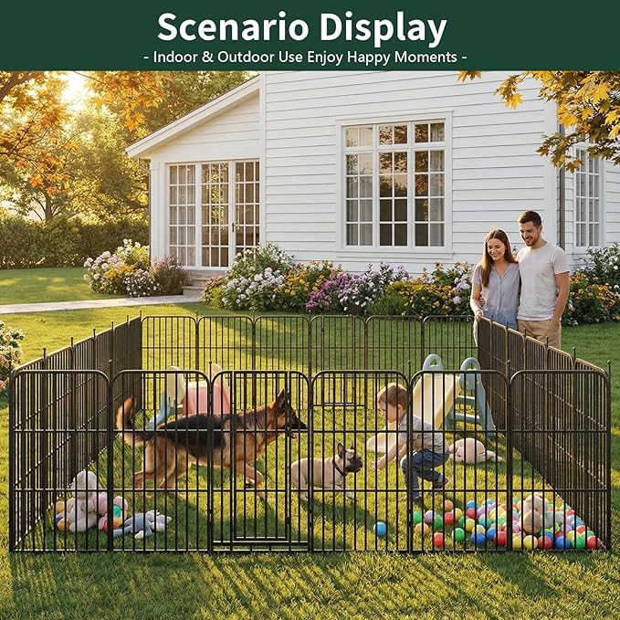 Metal Dog Playpen 47" 24 Panels with 2 Doors for Medium Large Dogs, Indoor Outdoor Exercise Pen for Yard RV Camping, Thickened Steel Tube, Gravity Lock & Ball Head Iron Rods