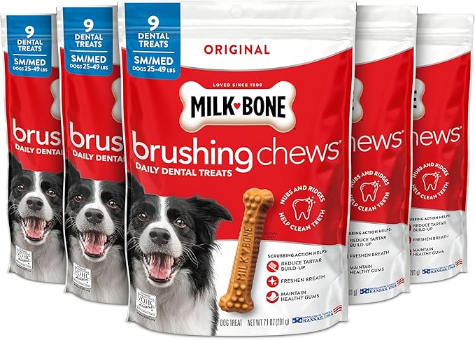Milk-Bone Original Brushing Chews, Small/ Medium Daily Dental Dog Treats, 9 Count (Pack of 5) Scrubbing Action Helps Clean Teeth