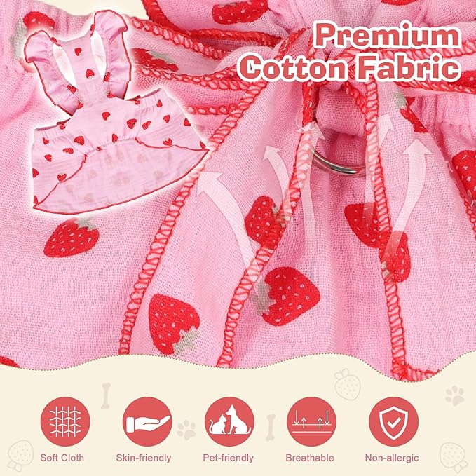 2-Piecs Cotton Detachable Pet Cat Dog Collar with Strawberry Pendant and Bell + 1-Piece Small Dog Cat Dress, Girl's Cat Costume, Cute Bow-Decorated Outfit, Strawberry Print Pet Birthday Set (Small)
