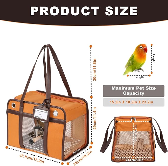 Sanmoncare Stylish Bird Carrier with PU Leather Handle, Portable Parrot Travel Bag for Cockatiels & Conures, Lightweight Bird Cage with Stainless Steel Tray & Side Door for Easy Cleaning, Brown