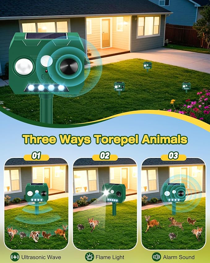 Solar Ultrasonic Animal Repellent Outdoor, 4 Pack Cat Repellent Outdoor Deer Repellent Devices with PIR Motion Sensor ＆ LED Flash, Waterproof Squirrel Repeller, Cat, Raccoons, Rabbits, Deer, Skunk
