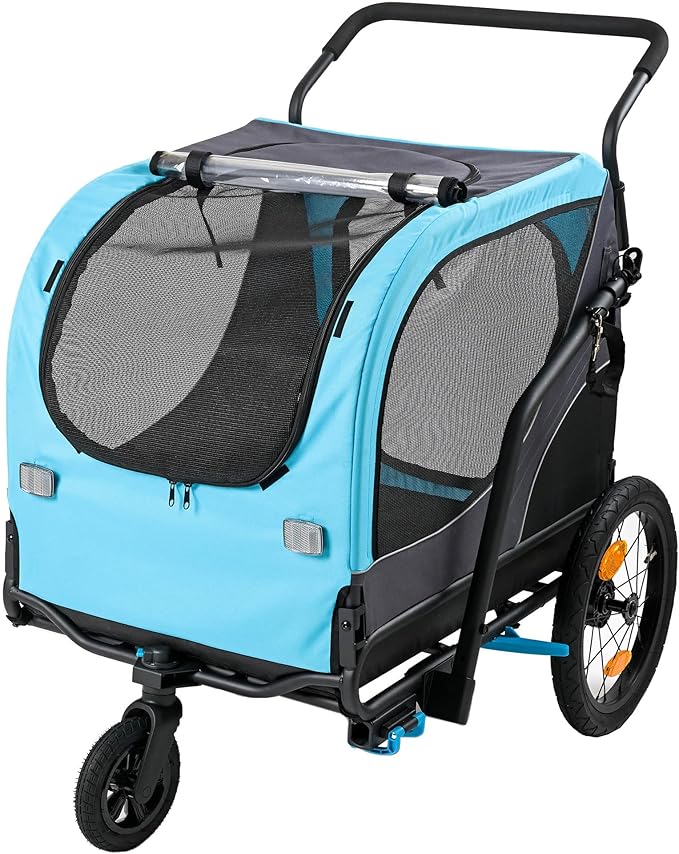 ClevrPlus 2-in-1 Pet Bike Trailer & Large Foldable Dog Stroller Pet Cart Carrier, Blue, 80 Lbs Capacity, Dog-Friendly Designs, Easy Folding Frame, Universal Bicycle Coupler, and Safety Flag