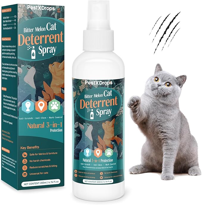 Natural Cat Deterrent Spray, Cat Repellent Spray for Indoor Use, Safely Stops Furniture Scratching, Urine Marking, Pee Everywhere, Plant Chewing, Cat Training Spray for Sofa, Rugs, Chairs, 200ml