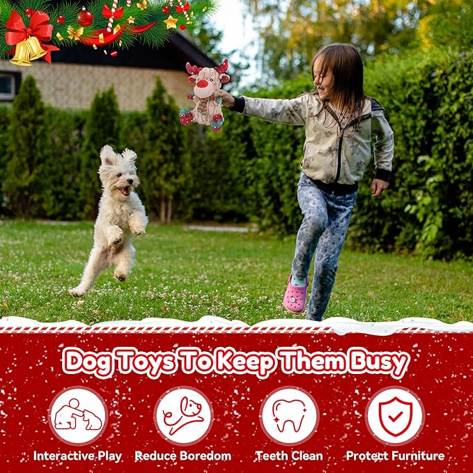 Christmas Dog Toys, Funny Squeaky Reindeer Toy with Crinkle Paper Attract Pets, Interactive Plush Chew Toys, Adorable Christmas Elk Dog Gifts for Small Medium Large Dogs