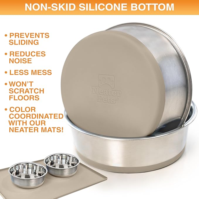 Neater Pet Brands Stainless Steel Dog Bowls with Non-Slip Rubber Bottom – Set of 2, 6 Cup (48 oz), Tan - Heavy Duty Metal Dog Bowl, Dishwasher Safe, Food or Water Bowl, Ideal for Large Dogs