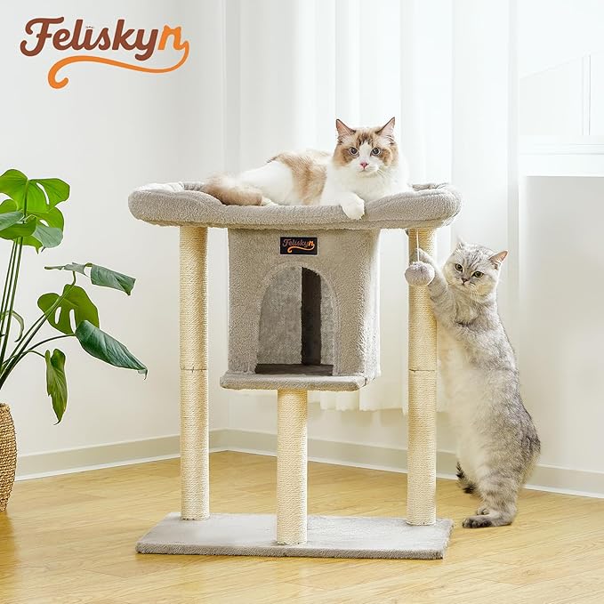 Cat Tree Tower Scratching Post for Indoor Large Cats, Small Cat Tree with Big Perch Bed, 28in Tall Trees House with Condo Cave, Toy Balls, Modern Climbing Furniture Platform for Kitten (Light Gray)