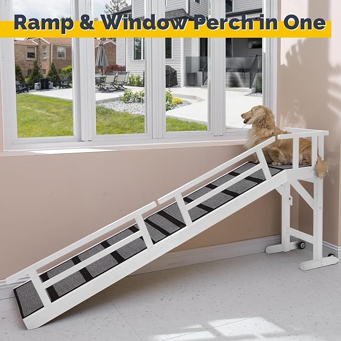Dog Ramp for Bed or Couch, Wooden Pet Ramp with 20° Gentle Slope, Removable Side Rails, Non-Slip Surface, Top Platform & Wheels, Safe Bed Ramp for Small, Large & Senior Dogs, 74" Long, White