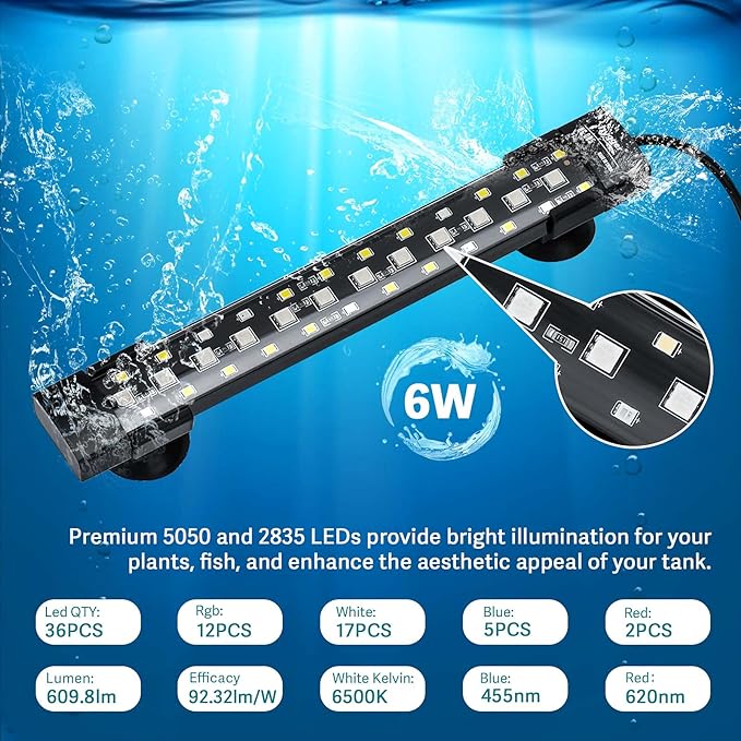 hygger 24/7 Mode Submersible Aquarium LED Light, Full Spectrum Hidden Fish Tank Light with 3 Rows Beads 7 Colors Auto On Off Sunrise-Daylight-Moonlight, Adjustable Timer Brightness 6W