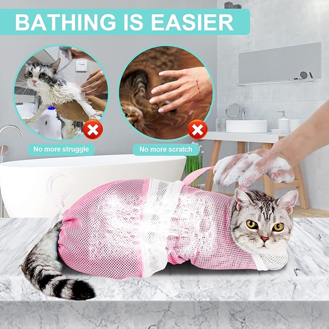 Cat Bathing Bag Adjustable Cat Grooming Net Bag Anti-bite & Anti-Scratch Cat Bath Washing Restraint Bag, Breathable Mesh Cat Grooming Bag for Shower, Nail Trimming, Injection (A-Pink)