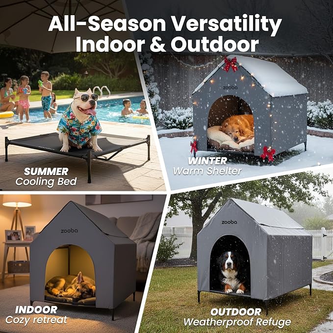 36" Large Dog House for Large Dog Indoor or Outside, Weatherproof 600D PVC Outdoor, Featuring Breathable 2x1 Textilene Elevated Dog Bed, Easy Clean (Grey)