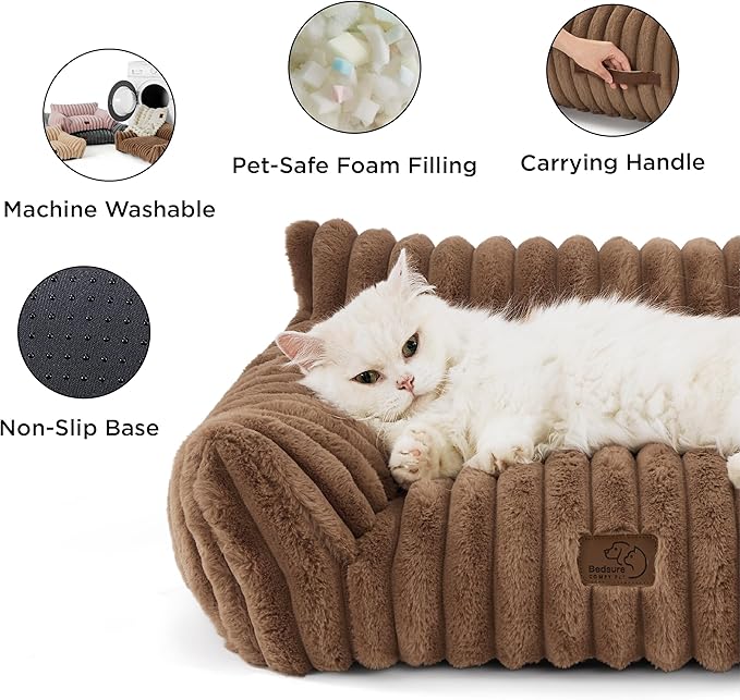 Bedsure ComfyFleece™ Cute Cat Couch for Pets - As Seen on TV on Good Day New York, Small Medium Dog Bed, Supportive Couch Bed for Small Dogs, 30 Inch, Camel Brown
